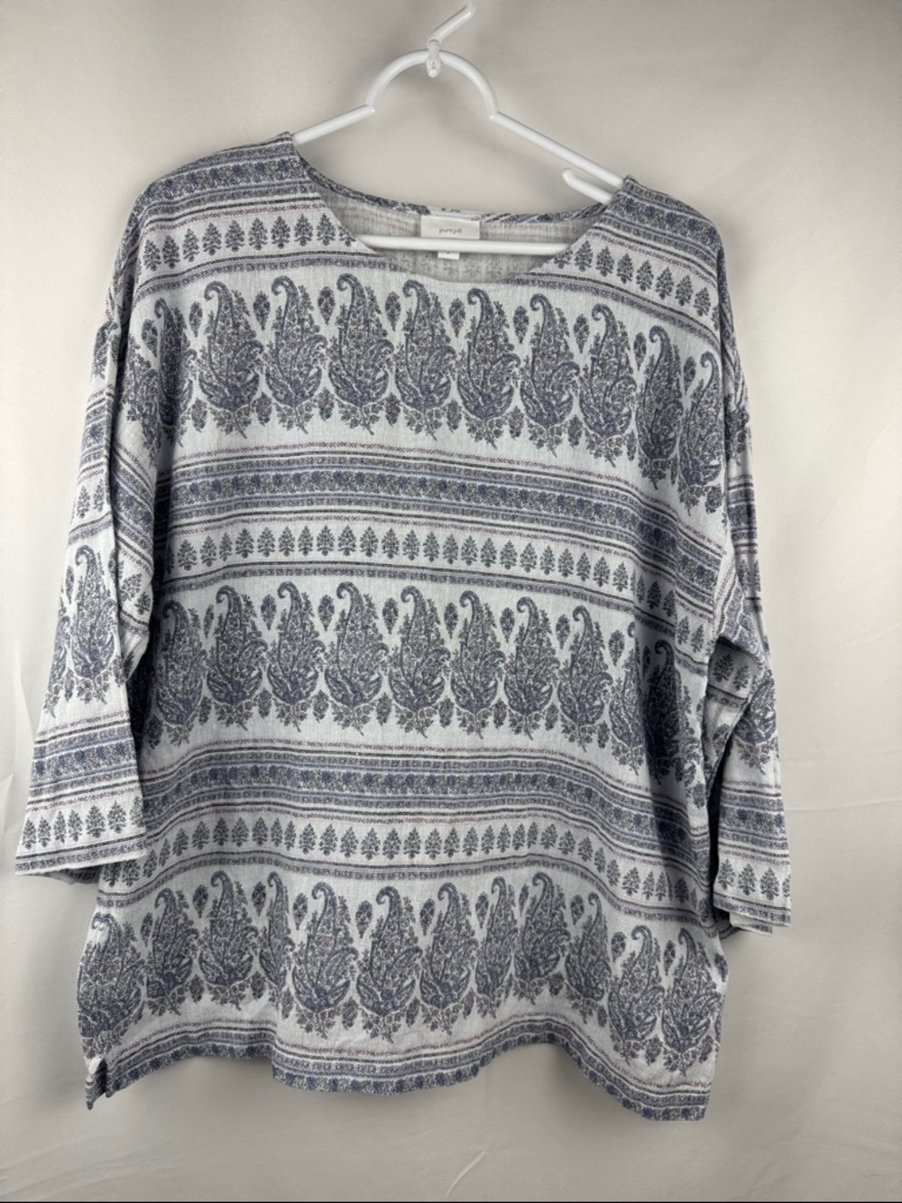 J Jill 3/4 Sleeve Hemp Cotton Popover Shirt Relaxed Size M Paisley